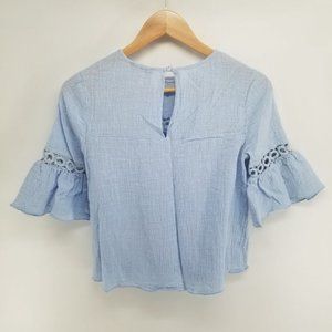Timing baby blue cropped bell sleeve open lace top S